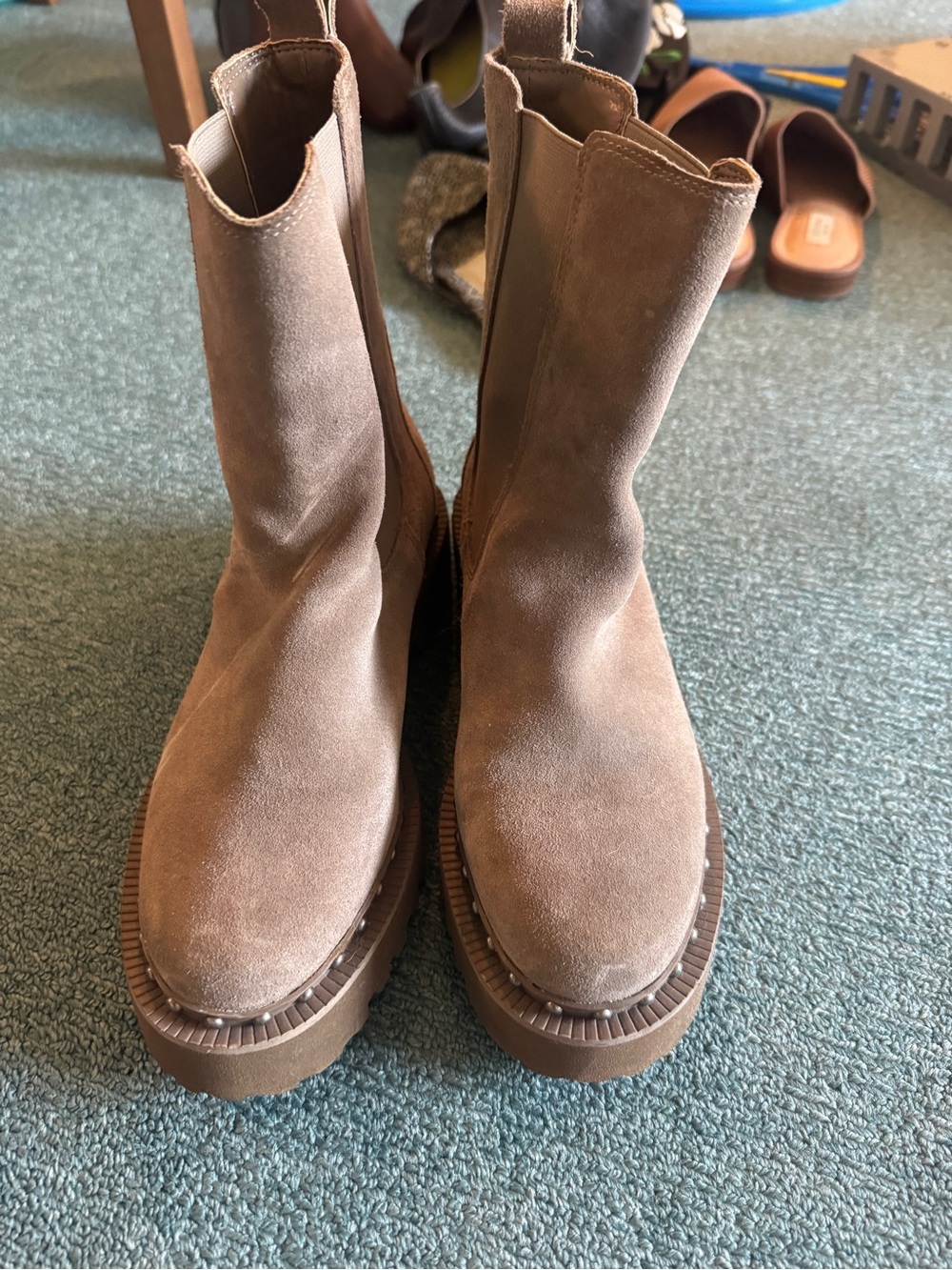 Vince Camuto Taupe Suede Platform Chelsea Ankle Boots